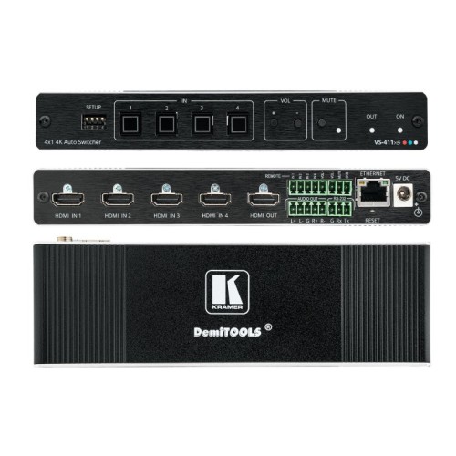 Коммутатор 4х1 HDMI Kramer Electronics VS-411XS с автоматическим переключением и встроенным контроллером Maestro; коммутация по наличию сигнала, поддержка 4K60 4:4:4, деэмбедирование аудио