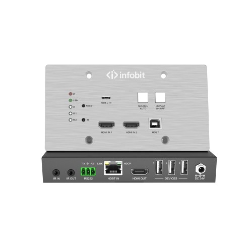 Комплект настенной панели HDBaseT Infobit WP301-Kit (комплект для передачи и приема), HDMI 2.0 18 Гбит/с, 70 м для 1080p, 40 м для 4K/60 Гц, HDCP2.2, PoC, двунаправленный ИК и RS232
