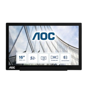 Монитор AOC I1601P LCD 15.6'' [16:9] 1920х1080(FHD) IPS, nonGLARE, 60 Hz, 220cd/m2, H160°/V160°, 700:1, 100M:1, 262K, 5ms, USB-C, Pivot, Tilt, 3Y, Black,Silver